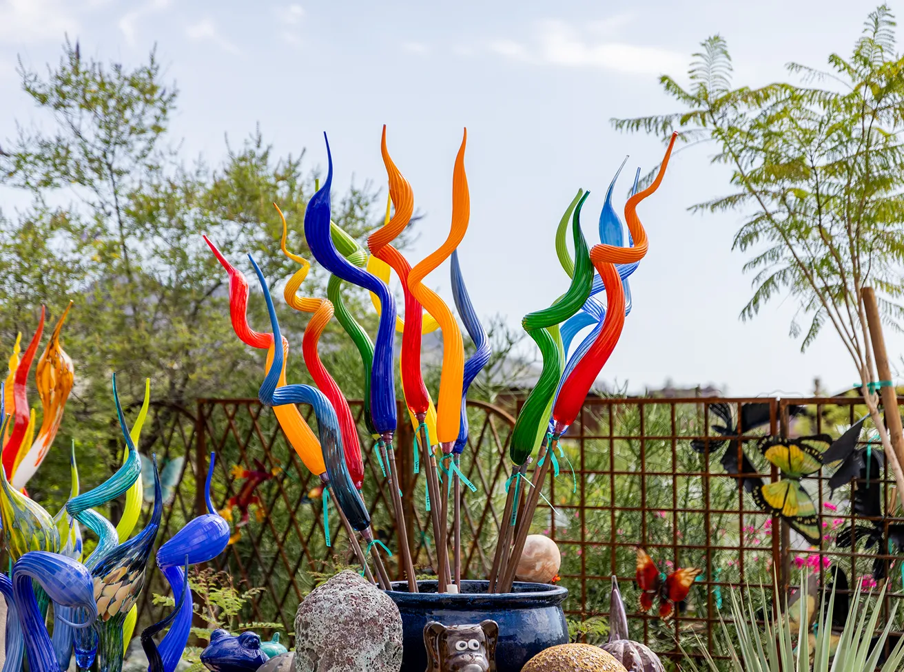 Vibrant glass art pieces outdoors