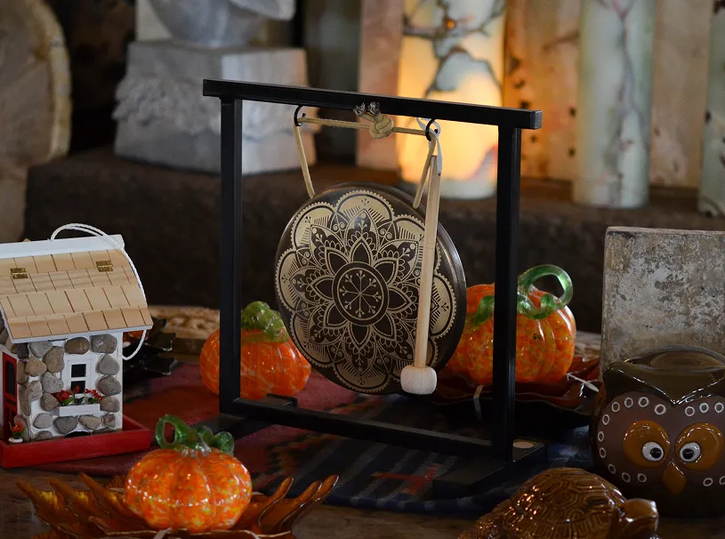 Gong surrounded by festive decorations