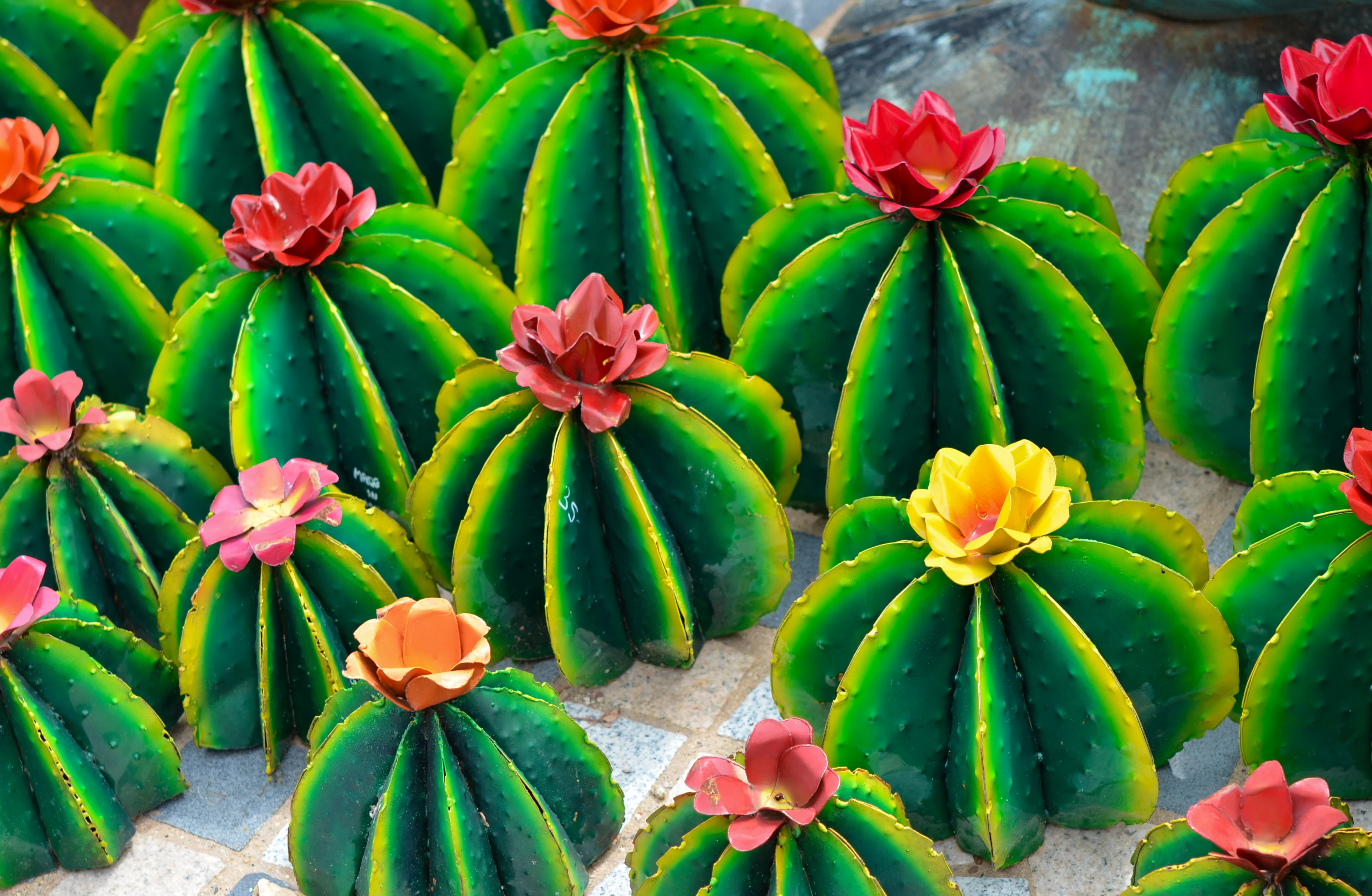 Group of cactus plants with vibrant flowers in shades of green, red, yellow and pink sitting atop a tiled floor